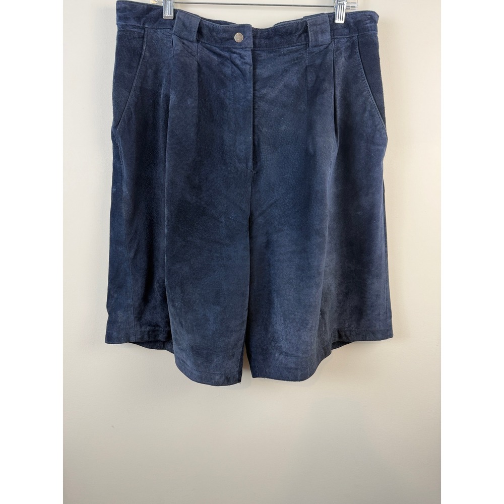 Adrian Jordan Suede Shorts Womens 16 Navy Blue Pleated Leather High Rise Bermuda